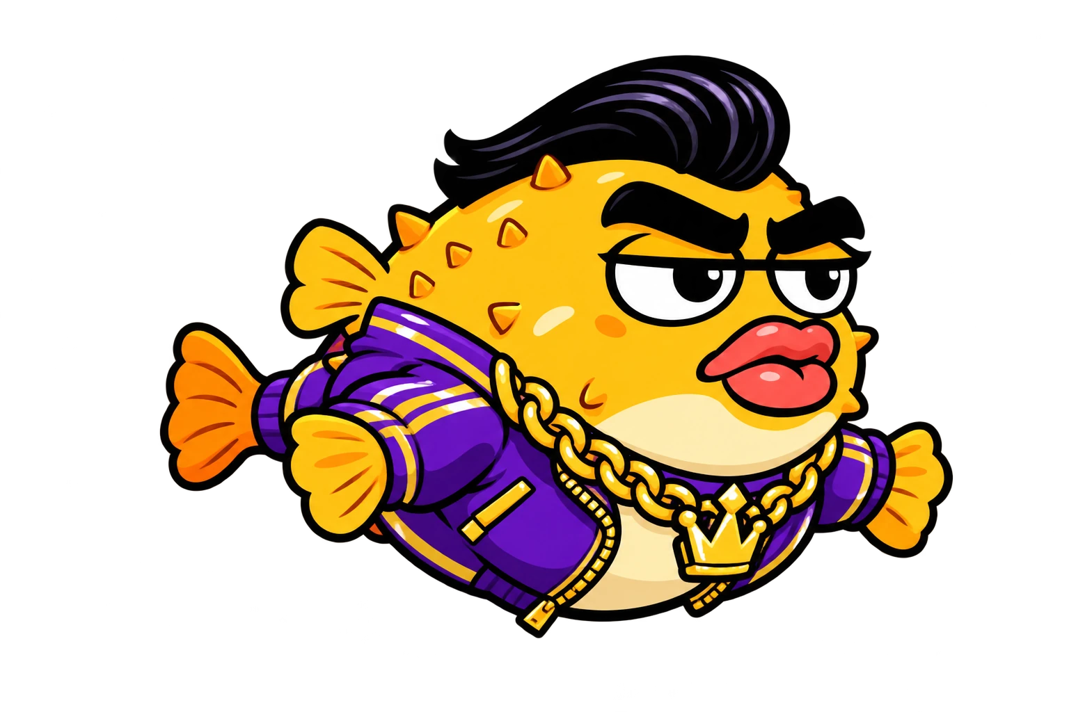Puff, a grumpy yellow pufferfish in a purple tracksuit
